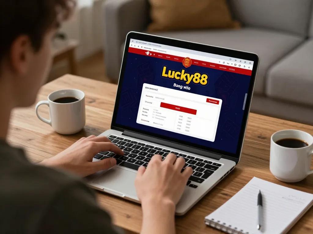Engaged player using the lucky88 đăng nhập online platform for responsible gambling in a cozy home environment.