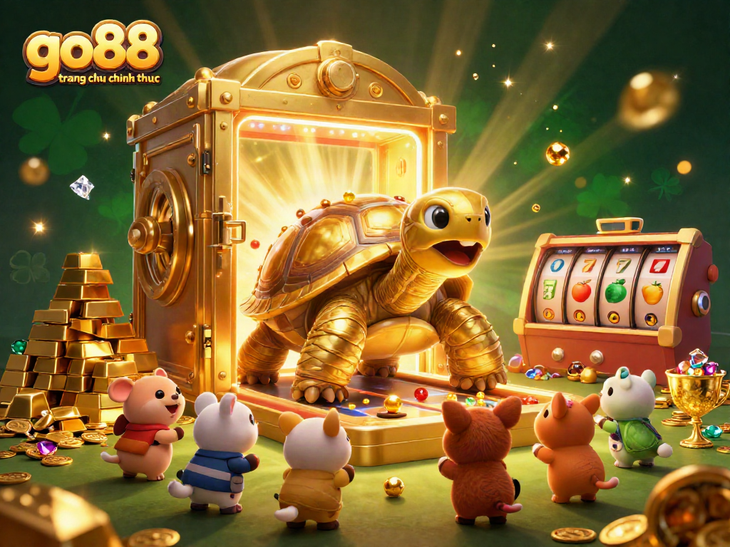 Experience the excitement of go88 trang chu chinh thuc with a vibrant casino scene, featuring a golden tortoise and dynamic games.