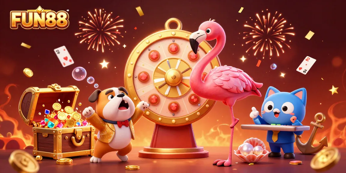 Spin and win big with FUN88 at the exciting prize wheel carnival surrounded by treasures!