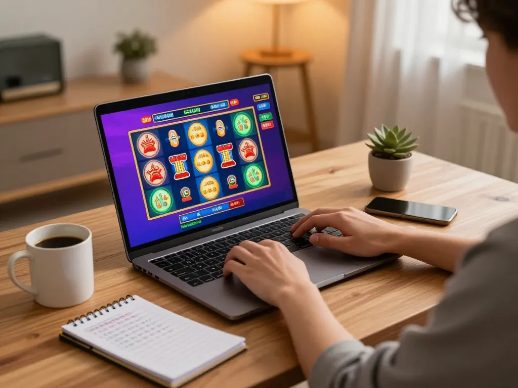 Player enjoying online slots at 789winco in a cozy home setting, illustrating interactive gaming.