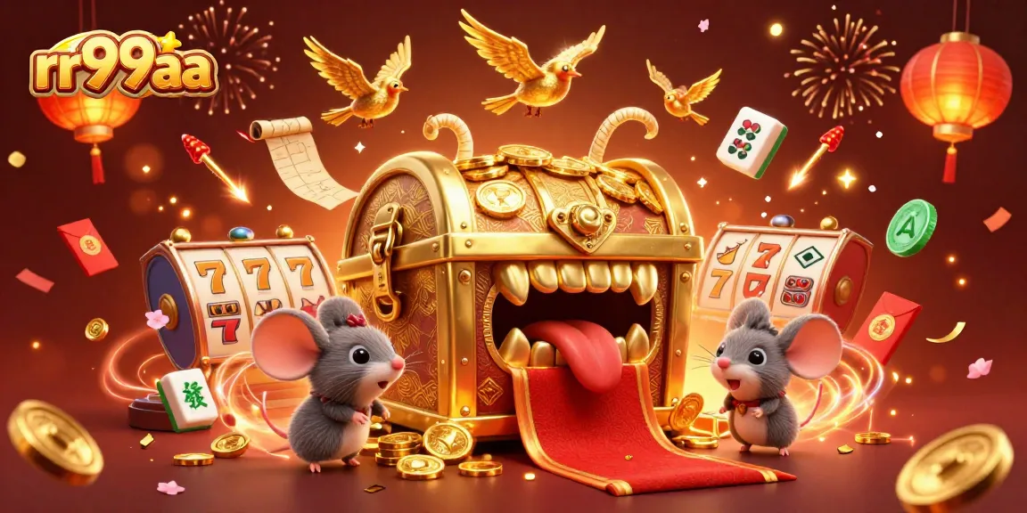 Engage in thrilling gameplay at rr99aa, featuring rich casino elements like slot reels and festive symbols.