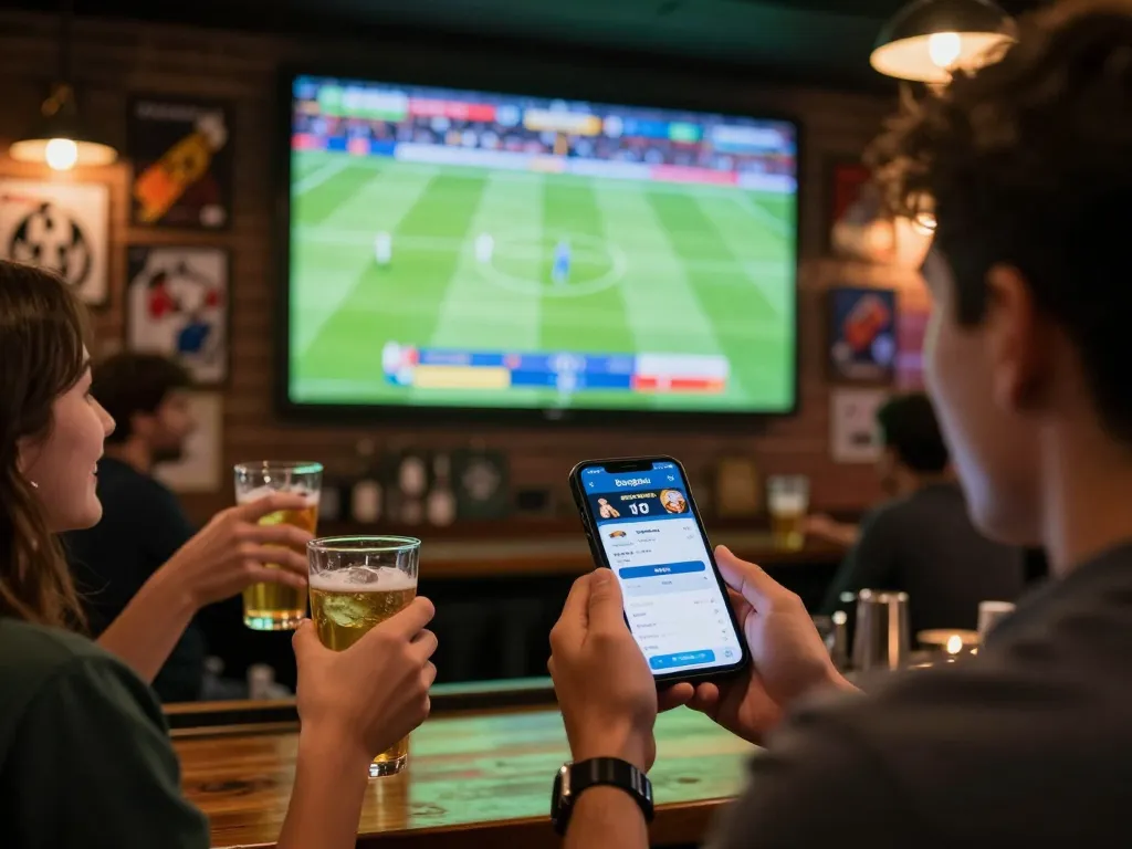 Engaged sports bettor using Bongdalu app while watching live match in vibrant sports bar.