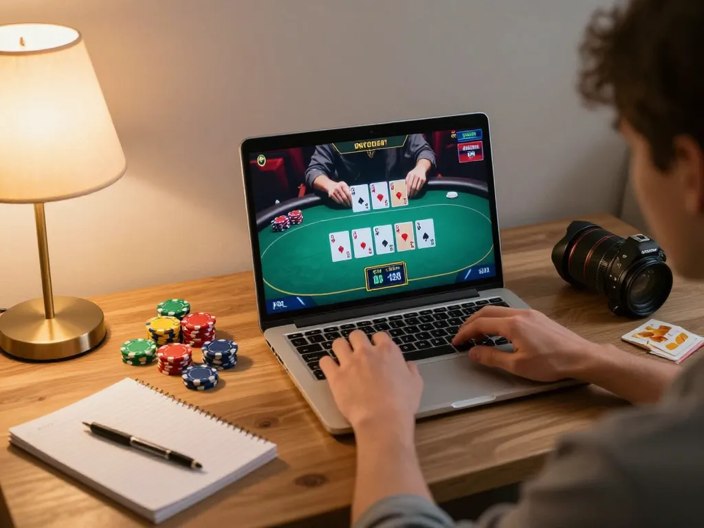 Concentrated player enjoying an online poker game at home, showcasing 23win's engaging platform