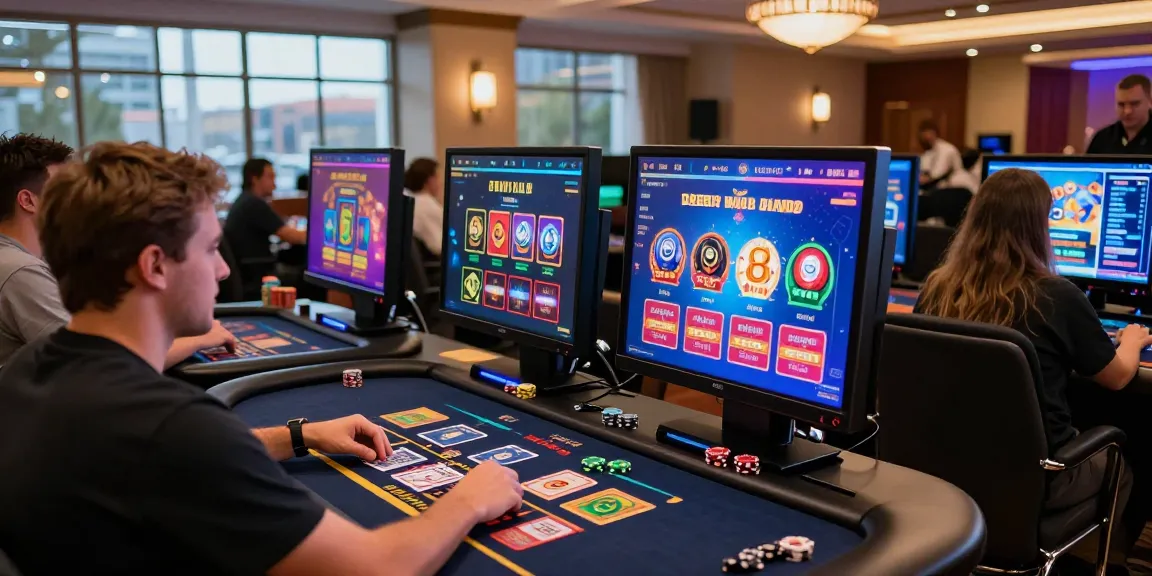 Exciting gaming atmosphere at new credit card casinos, showcasing players engaging in game variety and vibrant interface.