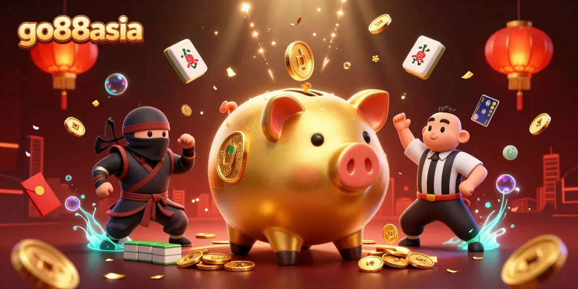Engage in exciting games at go88asia with a sumo wrestler piggy bank and a ninja battling in a vibrant casino illustration.