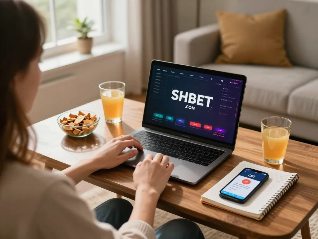 Gambler analyzing strategies on SHBET .COM app from a cozy living room.