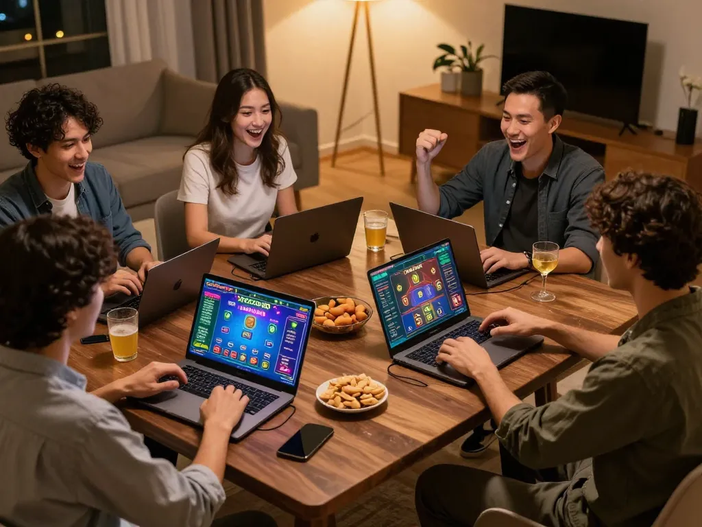 Xóc đĩa online gaming session at home with players celebrating wins and engaging with game interfaces.