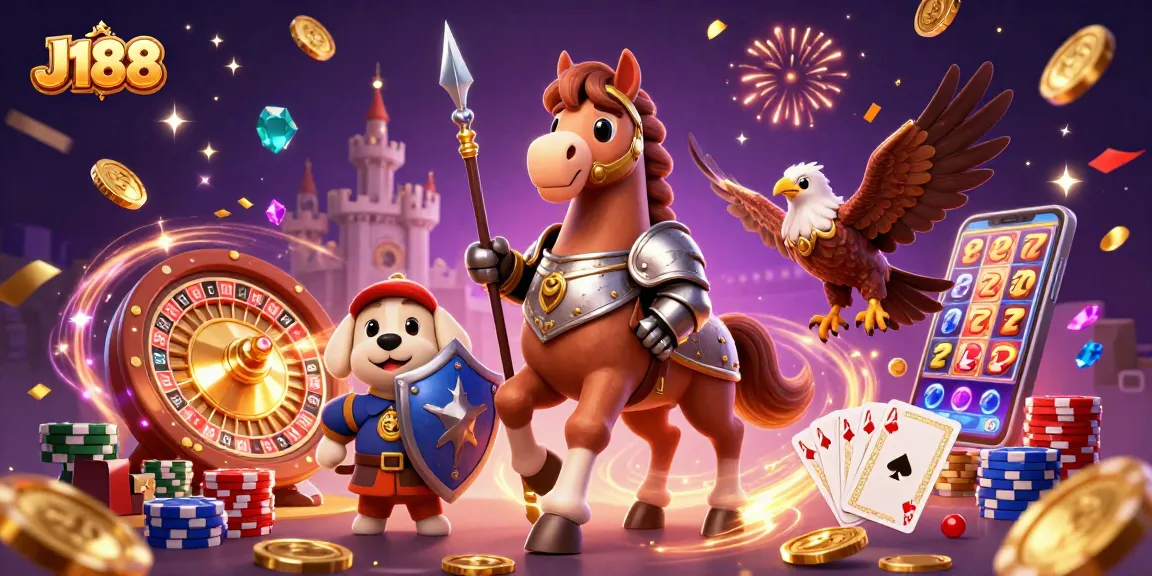 Bet on J188 with a dynamic scene featuring a medieval knight, squire puppy, and castle falcon amidst sparkling casino elements.