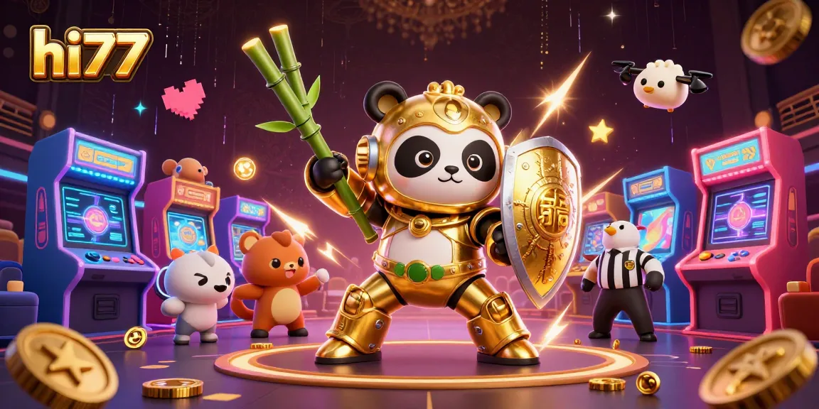 Experience thrilling gameplay at HI77 with dynamic visuals of golden panda piloting a robot in a casino-themed arena.