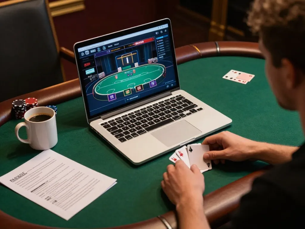 Engaging in strategic online poker gameplay at vin888 with notes and warm ambiance.