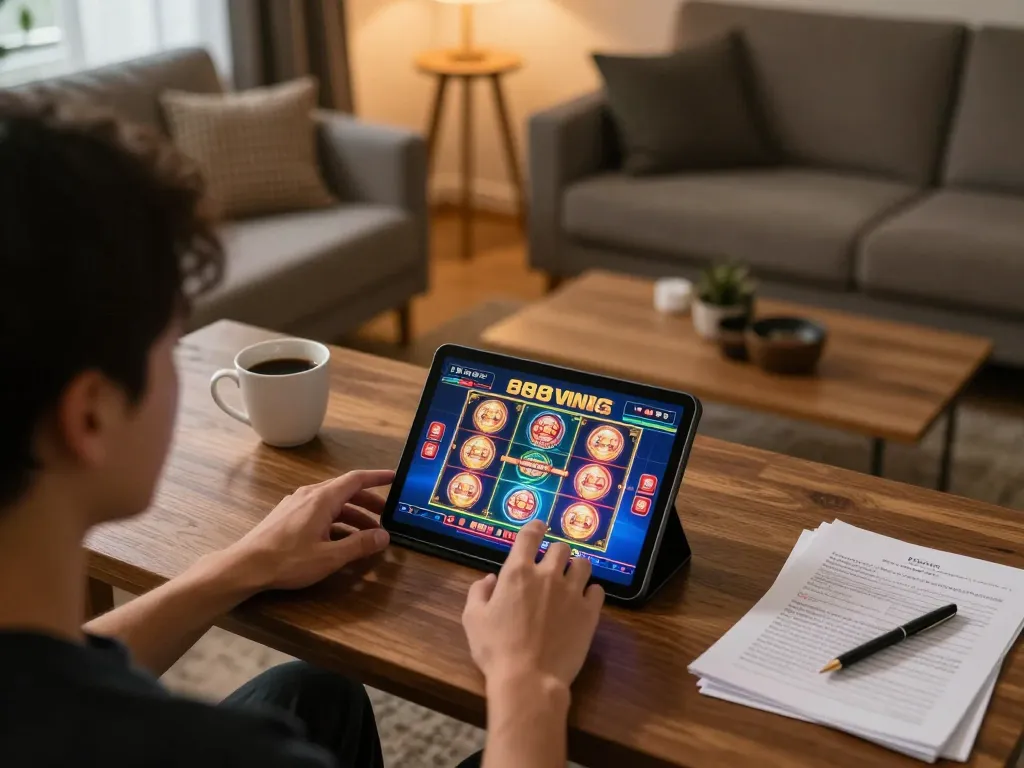 Player enjoying the exciting services of 888vnd while using a tablet at home