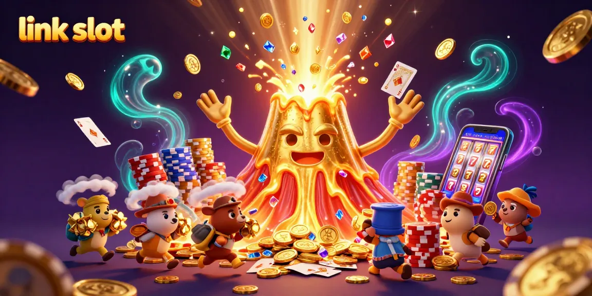Experience thrilling fun with link slot, showcasing a golden volcano erupting coins, surrounded by lucky game symbols.