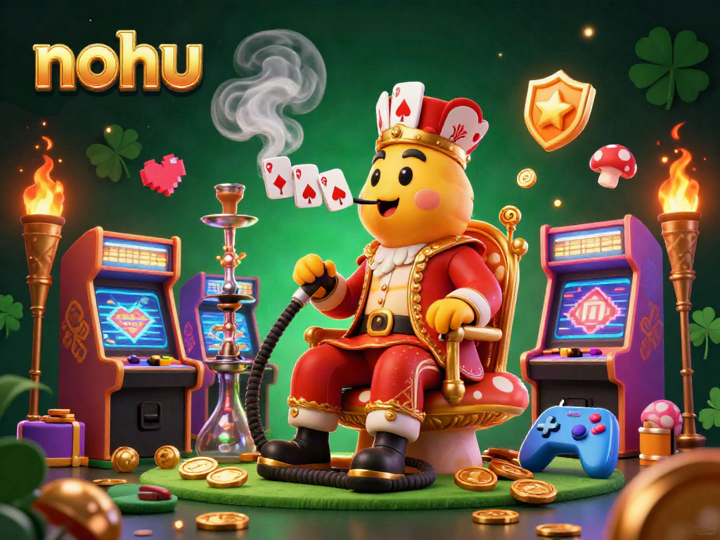 Nohu engages players with a vibrant 3D casino scene featuring poker symbols and glowing arcade machines.