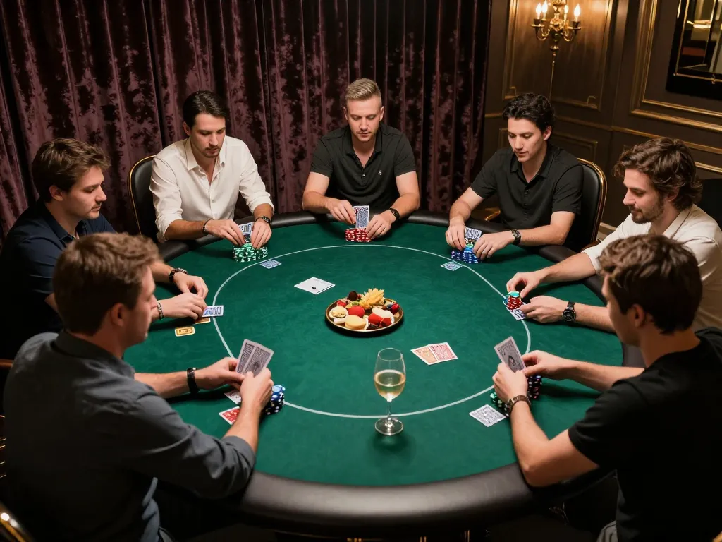 Players engaged in a serious 3Bet poker game in an elegant private room