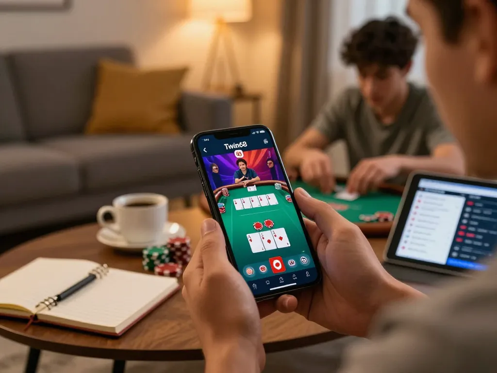 Twin68 players enjoying a thrilling online poker game on their phones in a cozy living room.