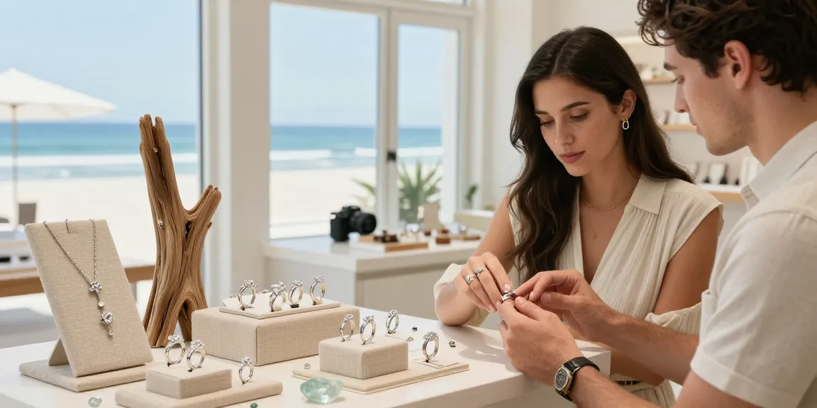 Couple exploring a lab grown diamond ring uk at a coastal boutique, showcasing the romantic and ethical appeal.