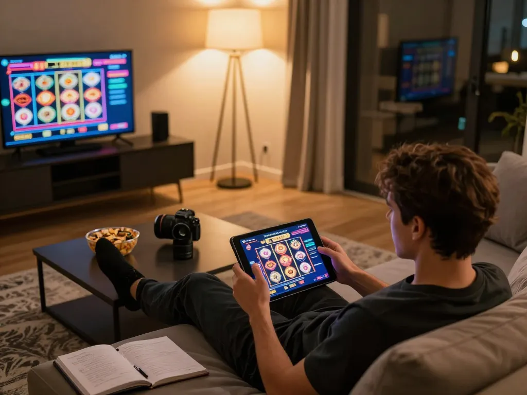 Engaging in online gambling at https://nk88.credit/ on a cozy home setup, showing tablet interface with vibrant games.