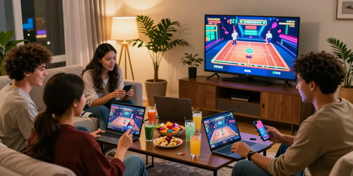Friends enjoying a lively game night at a credit card casino, showcasing vibrant graphics and multiple devices.