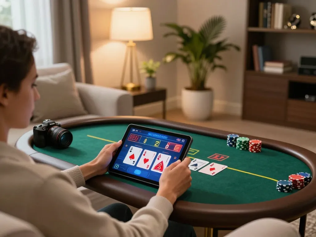 Engaged player using tablet for live poker at https://play-hbet.com/ in cozy home setting