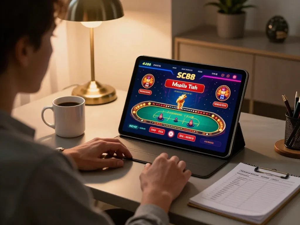 Engaging with SC88 casino app on a tablet during a cozy home gaming session.