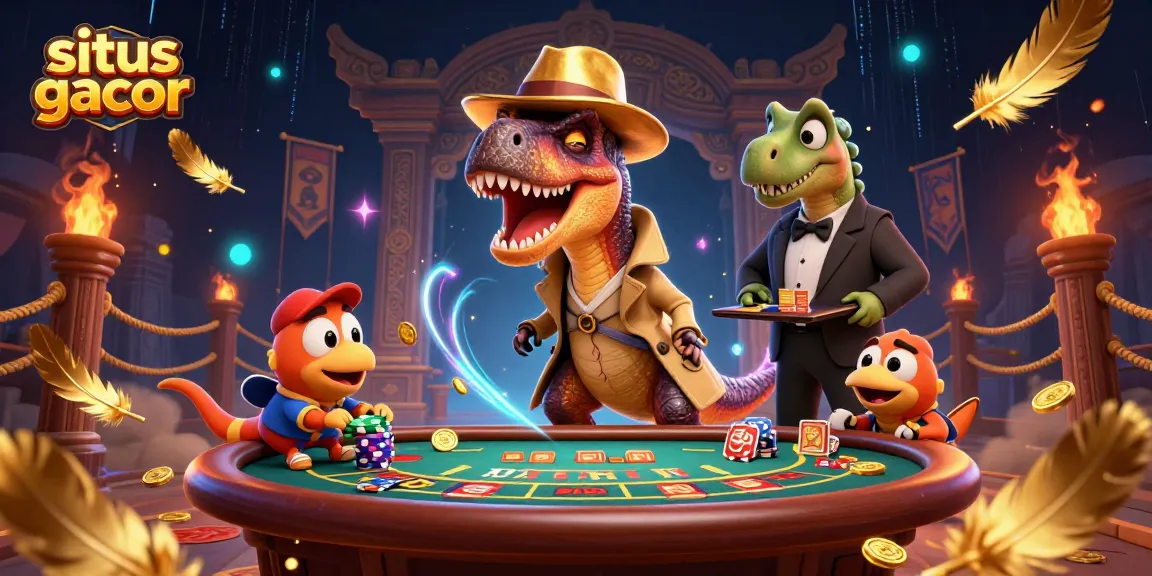Experience the excitement of situs gacor with a cartoon velociraptor at a blackjack table, surrounded by vibrant casino action.