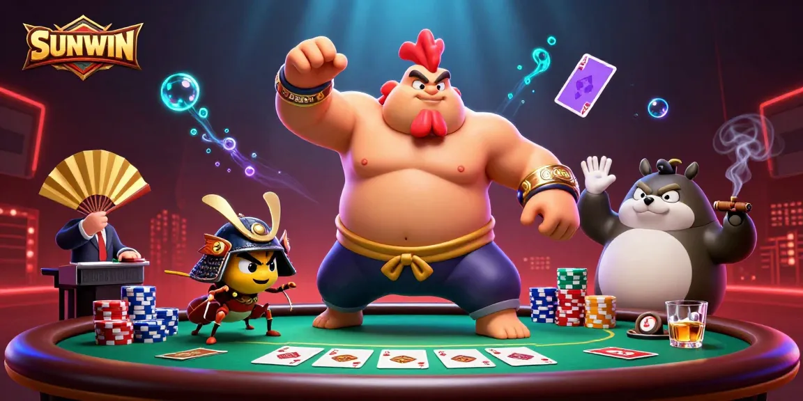 SUNWIN showcases a dynamic online gaming scene with a powerful sumo rooster, fierce cricket, and tanuki announcer among poker elements.