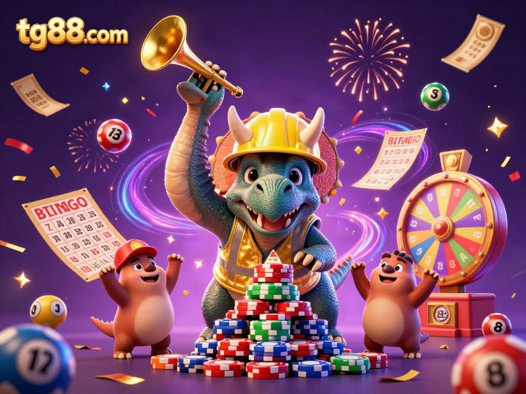 Engage with tg88com's exciting gaming world featuring vibrant lottery elements, poker chips, and celebratory characters.