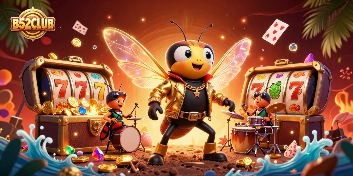 Win big with B52CLUB in a vibrant casino scene featuring a cicada rock star and exciting game elements.