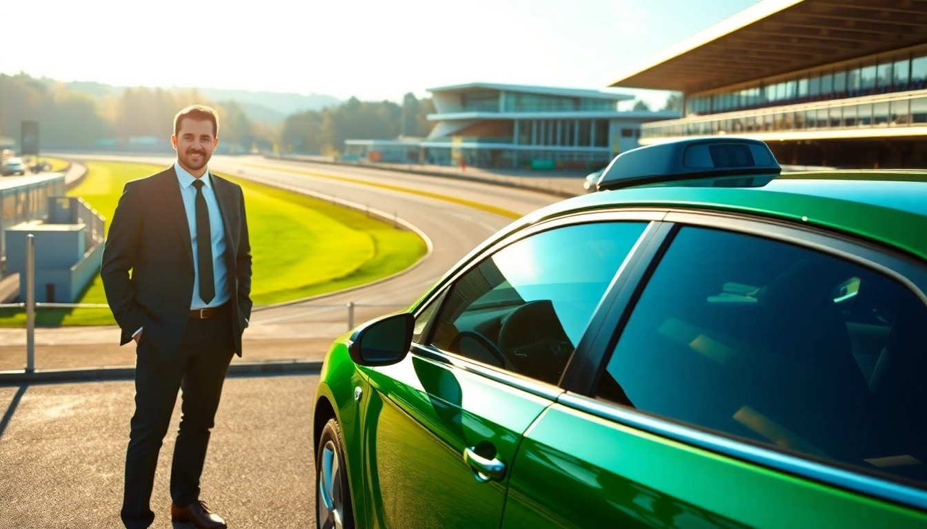 Experience reliable taxi services in Brooklands with a professional driver beside a sleek vehicle.