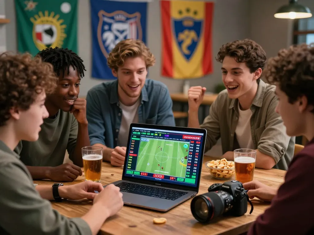 Friends engaging in cá độ bóng đá online, discussing bets with football odds displayed, lively atmosphere.