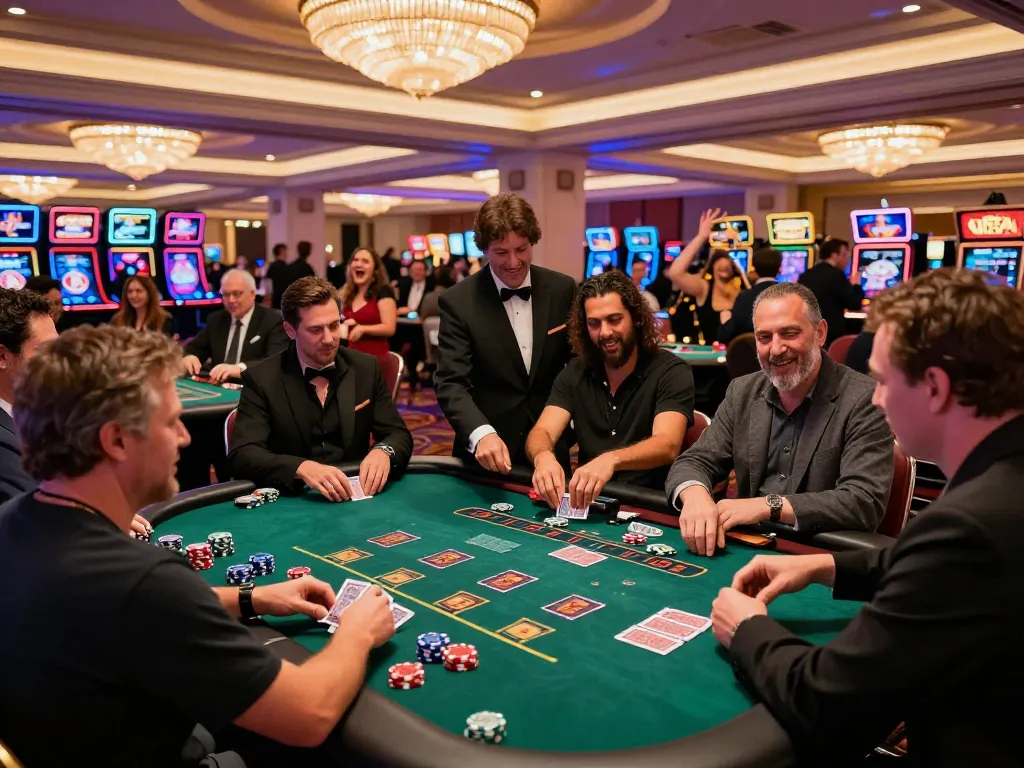 Players at blackjack tables enjoying an exhilarating experience at cm88seo casino during vibrant Vegas nights