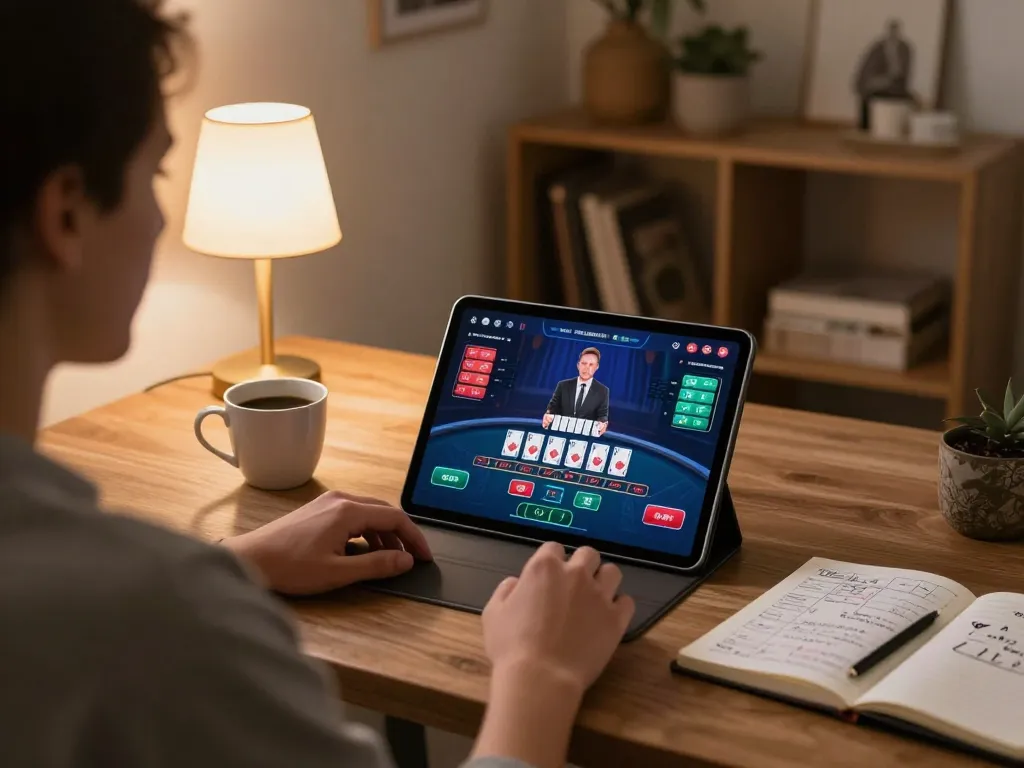 Engaging in iwin online blackjack from a cozy home setup, showcasing live dealer gameplay
