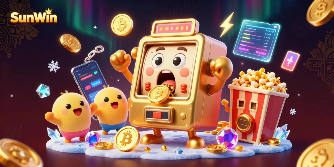 SunWin slot machine celebrating a jackpot in a vibrant digital casino scene filled with coins.