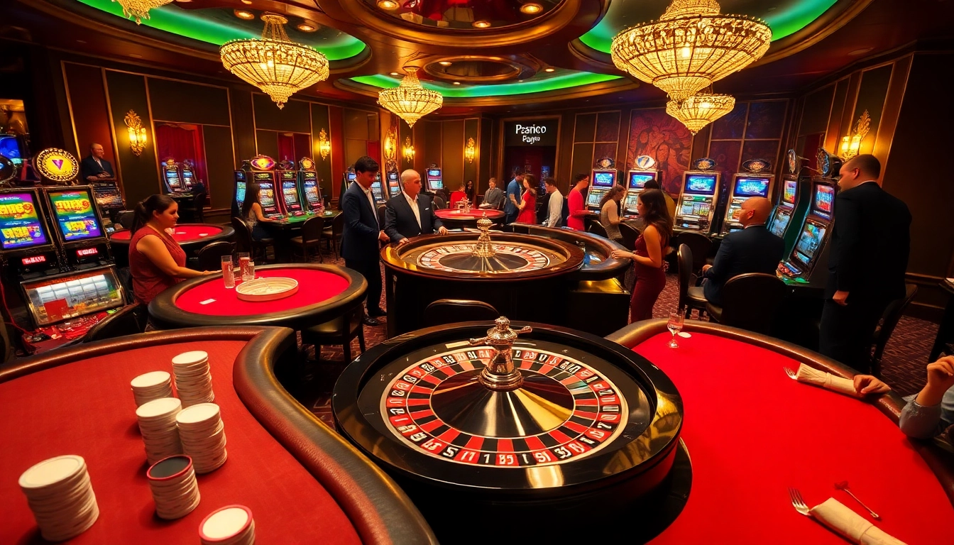 Excited players betting at JBO's luxurious casino tables, featuring dynamic roulette and poker games.