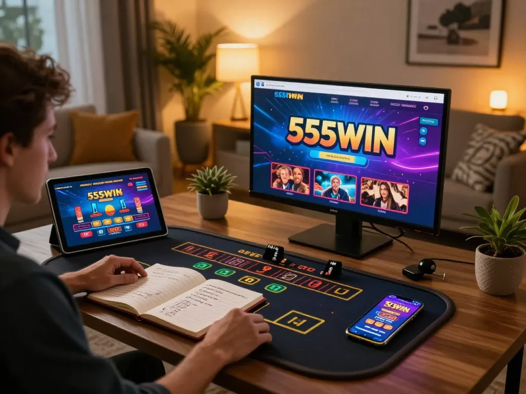 Player enjoying online gaming on 555WIN using tablet and notebook for strategy.