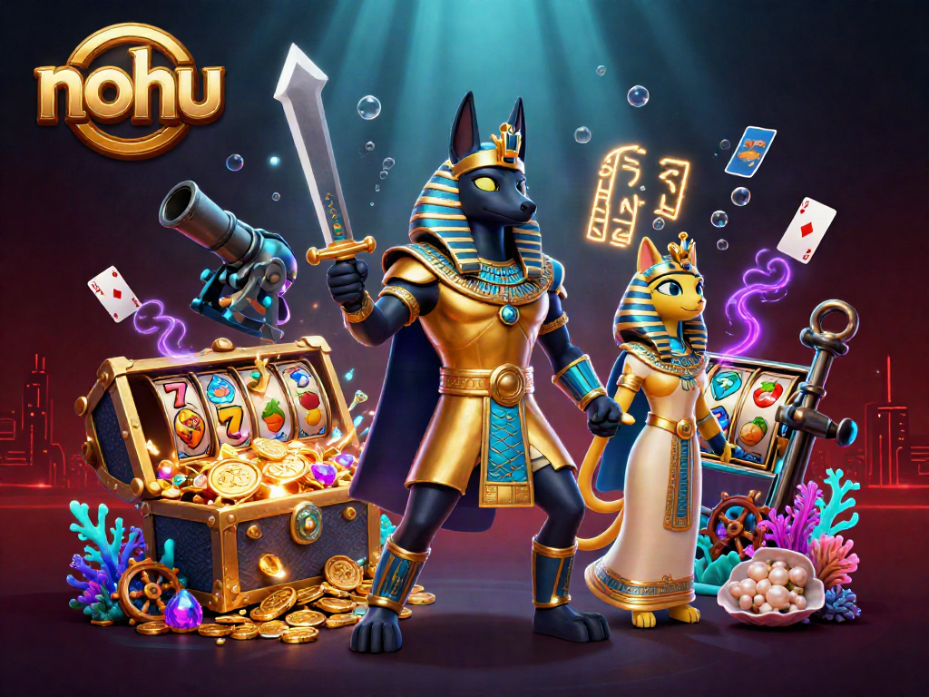 Nohu offers thrilling slot reels in an ancient Egyptian-themed casino adventure with vibrant characters.