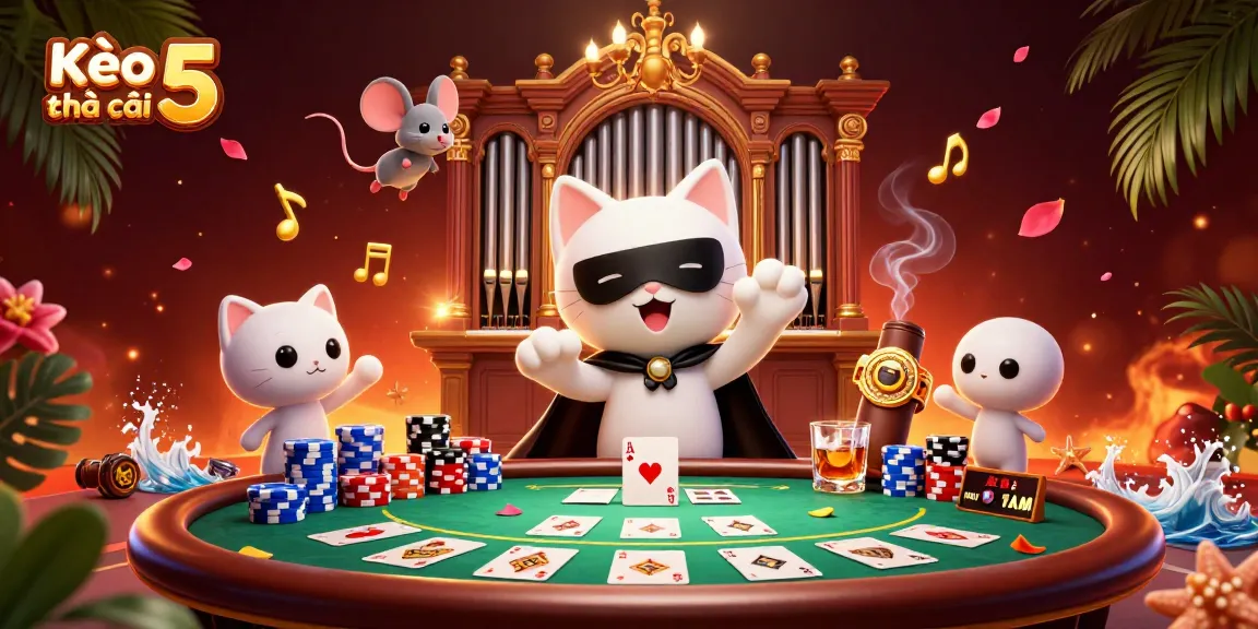 Engage with Kèo nhà cái 5 while experiencing a vibrant casino scene filled with dynamic characters and rich gambling elements.