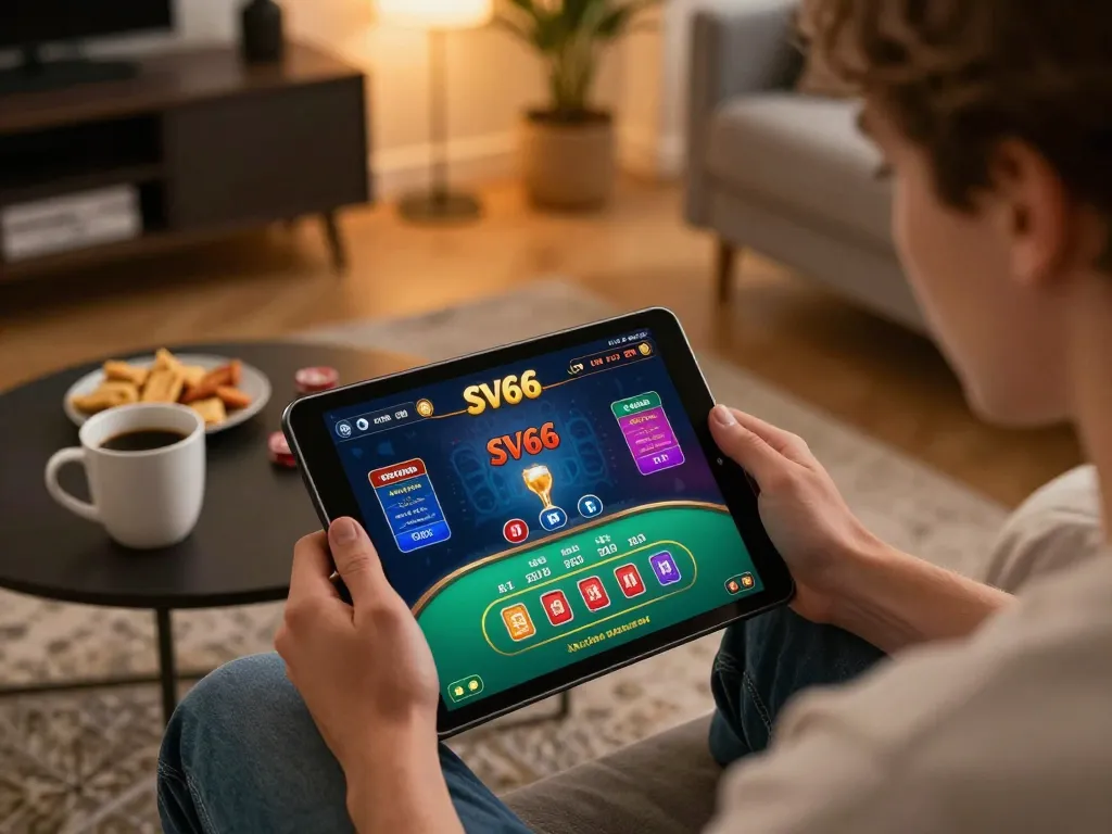 Player enjoying SV66 live dealer blackjack experience on a tablet in cozy home setting
