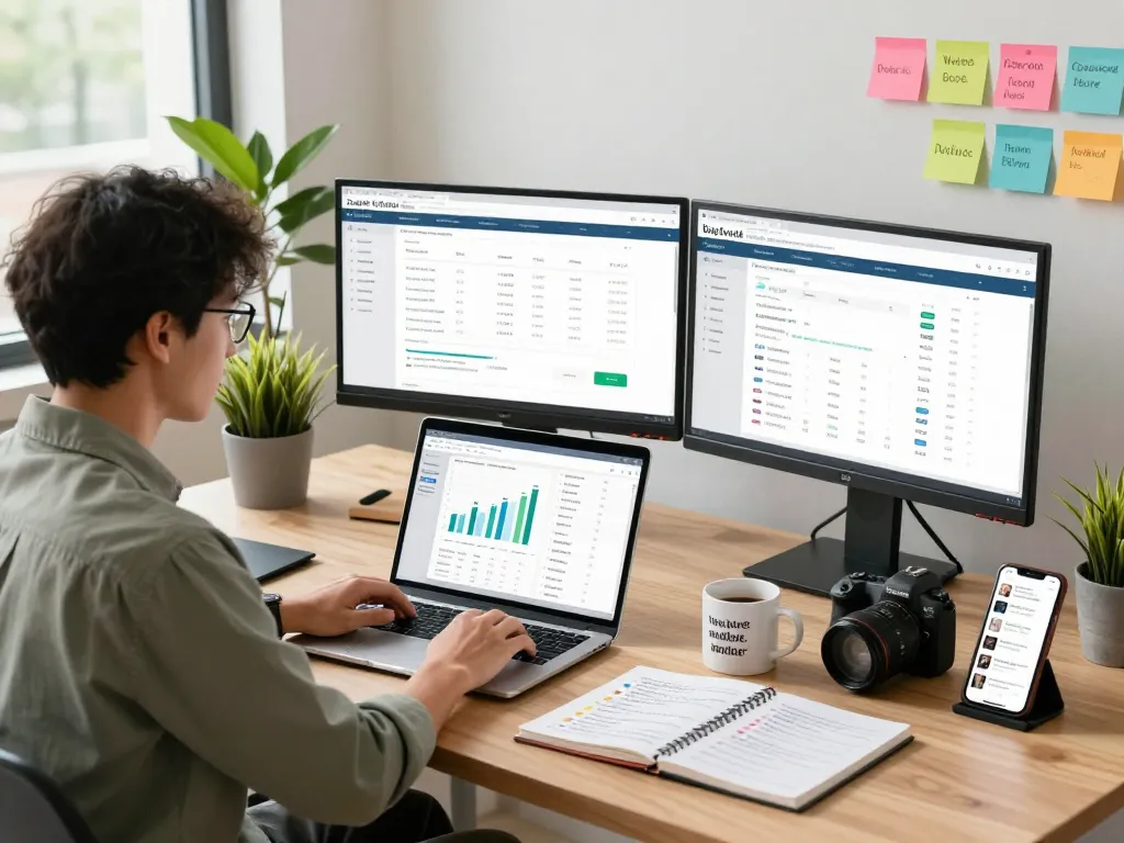 SEO Audit analysis with a digital marketing expert reviewing website performance metrics in a modern workspace