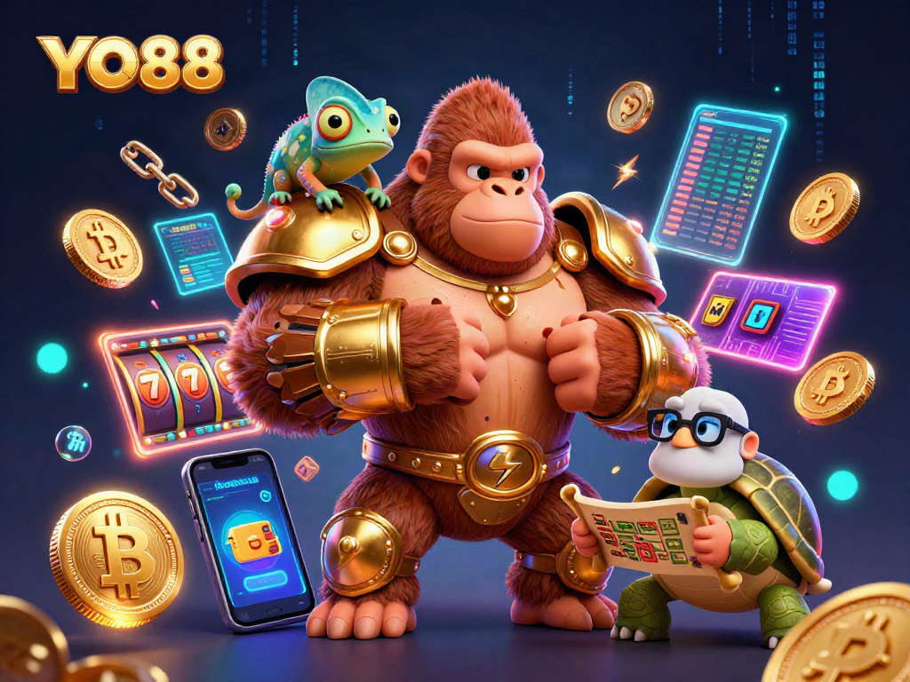 Engage with YO88's vibrant casino experience featuring a powerful gorilla and dynamic elements.