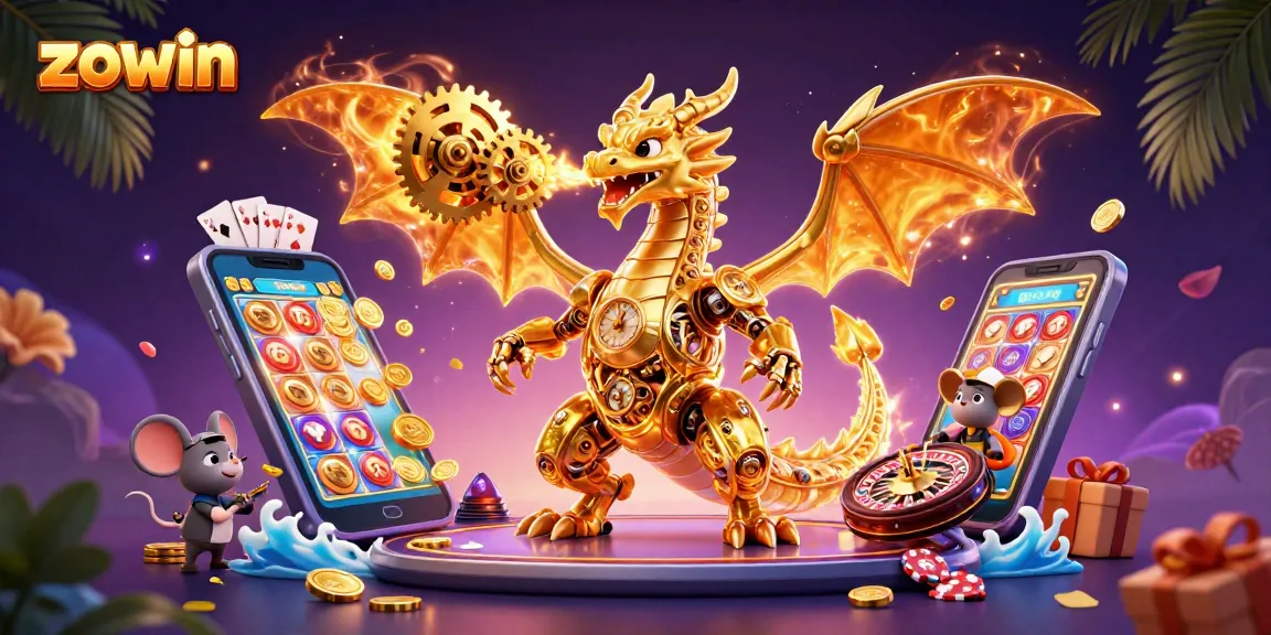 Zowin casino illustration featuring a golden dragon breathing gears amidst slot machines and poker elements.