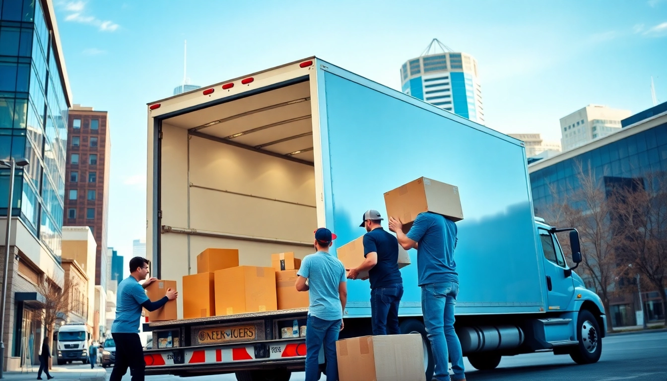 Efficient moving companies calgary team packing a truck in a bustling city setting.