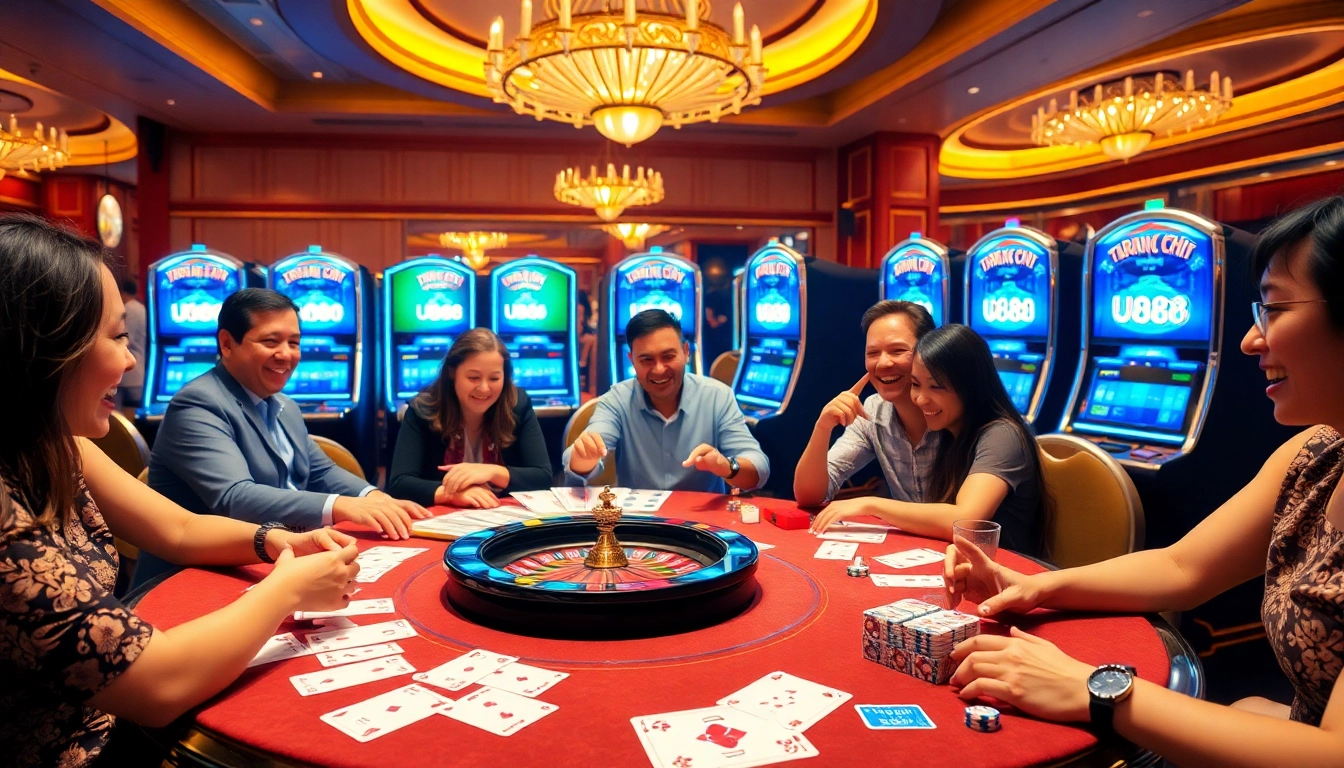 Experience thrilling games at Trang chủ U888 with vibrant casino visuals of poker chips and roulette.