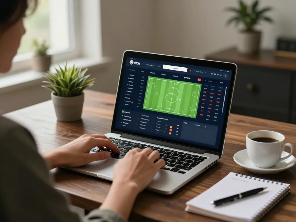 Engaged in kèo nhà cái sports betting analysis using a laptop and notes in a modern home office.
