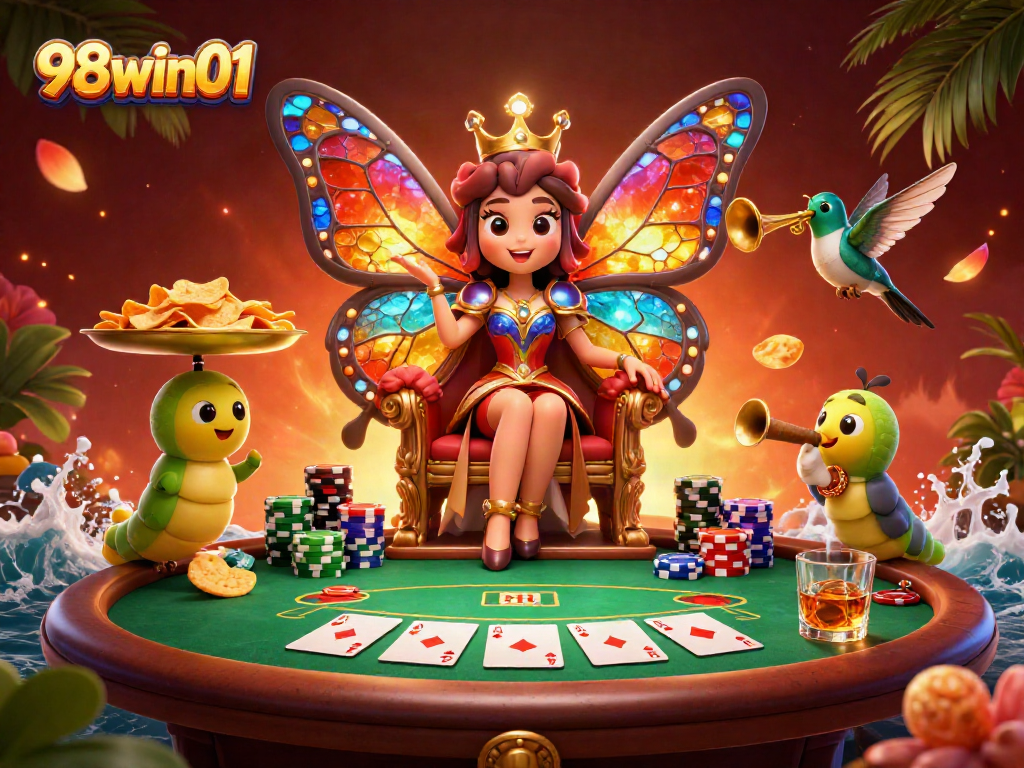 Engage with vibrant casino action at 98win01, highlighted by a colorful butterfly queen amidst poker chips and cards.