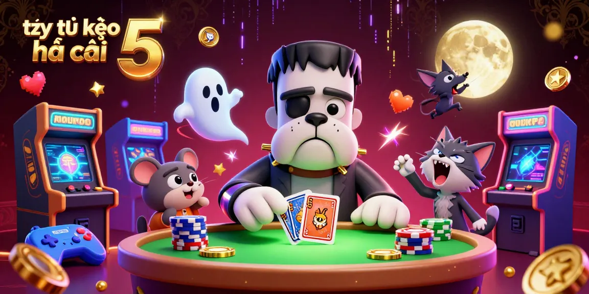 Engaging scene of tỷ lệ kèo nhà cái 5 with a cartoon bulldog dealing cards, vibrant casino setting.