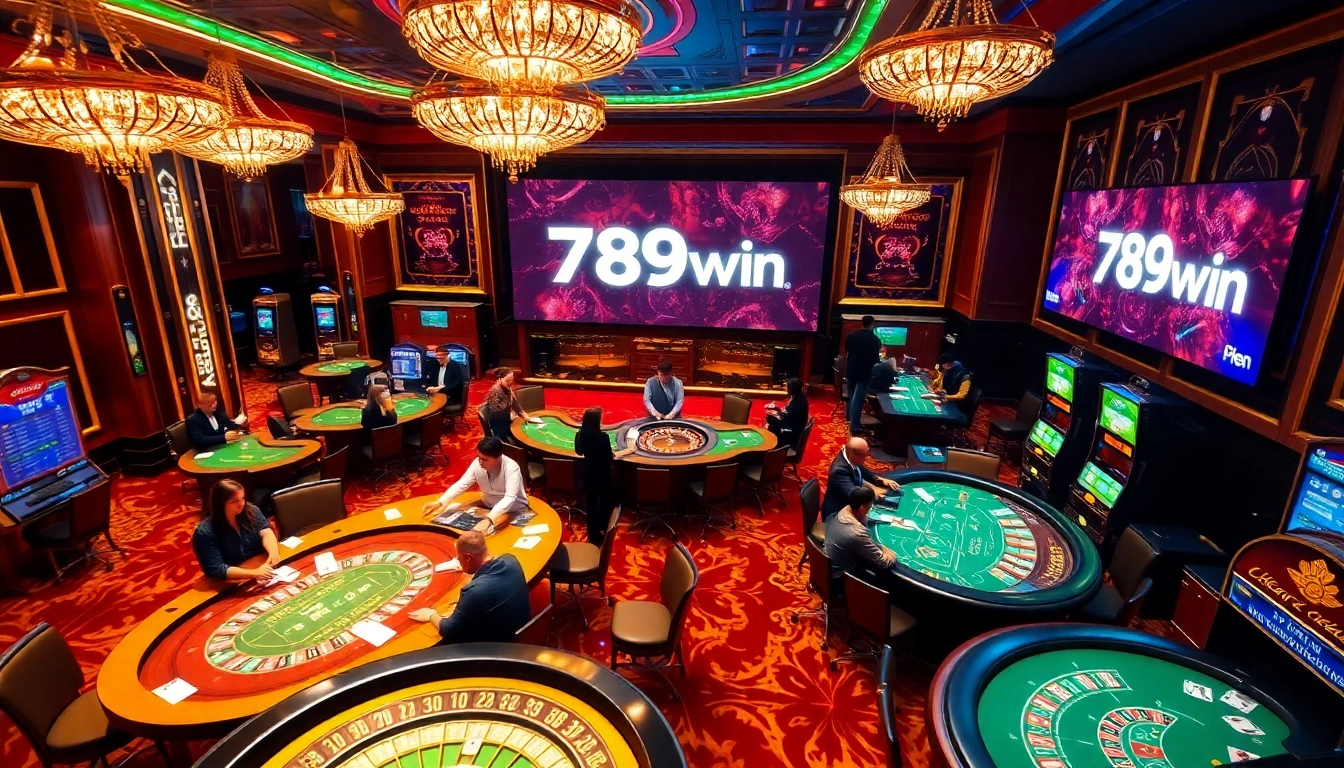 Engaging casino players at a vibrant 789win gaming scene with poker, roulette, and slot machines.