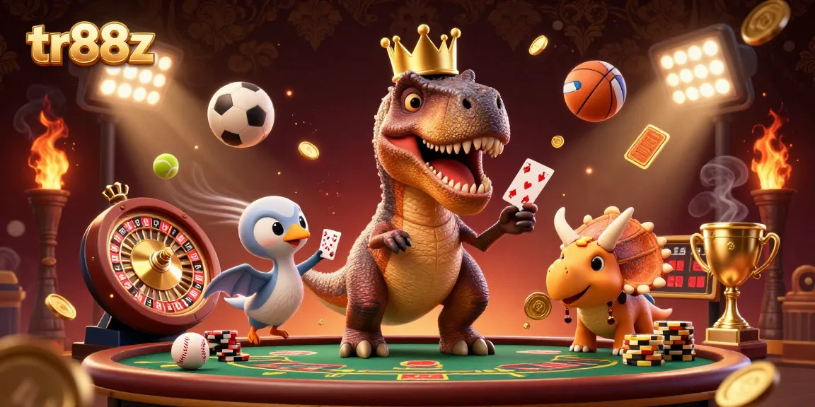 Experience excitement at tr88z with a T-Rex shuffling cards surrounded by gold coins and dynamic casino elements.