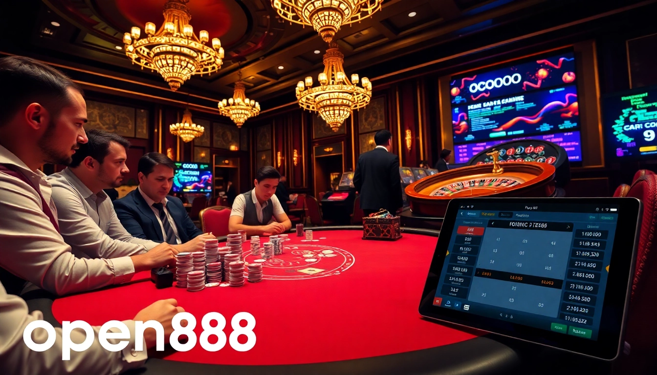 Players engaging in a thrilling poker game at open88's luxurious casino.