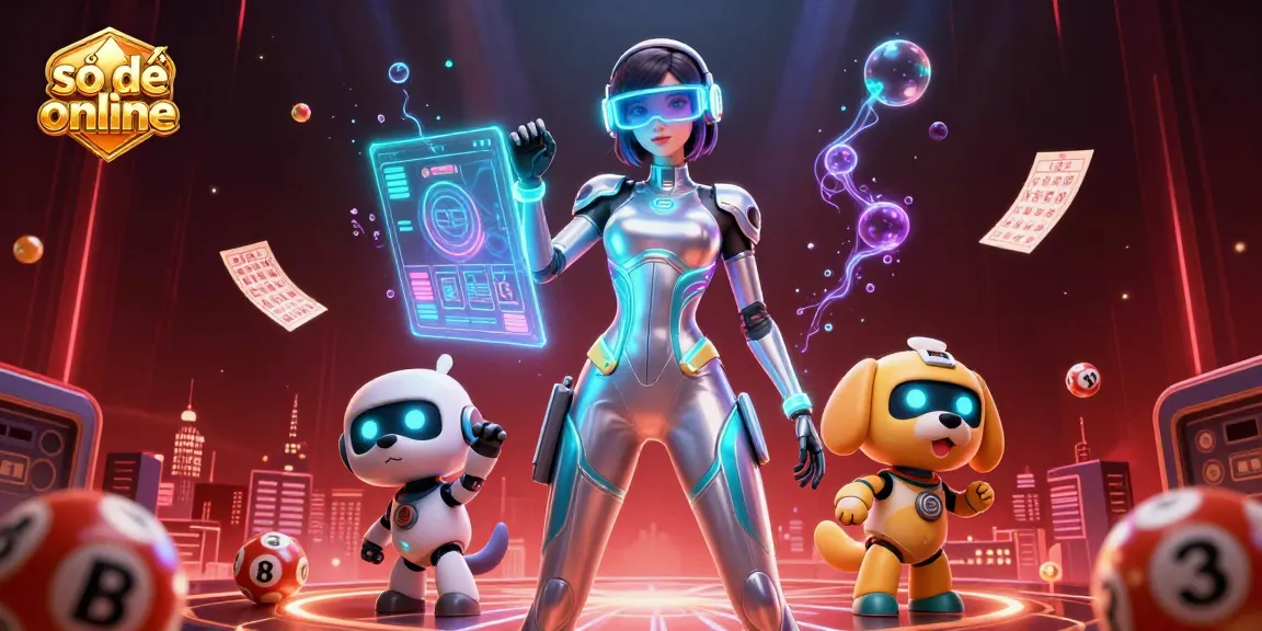 Experience thrilling số đề online action with a futuristic woman and cartoon robot dog, lottery elements surround them.